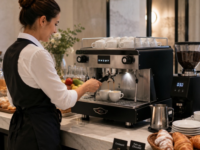 Czarny ekspres kolbowy 1-grupowy Wega 208922 podczas przygotowywania espresso w kawiarni